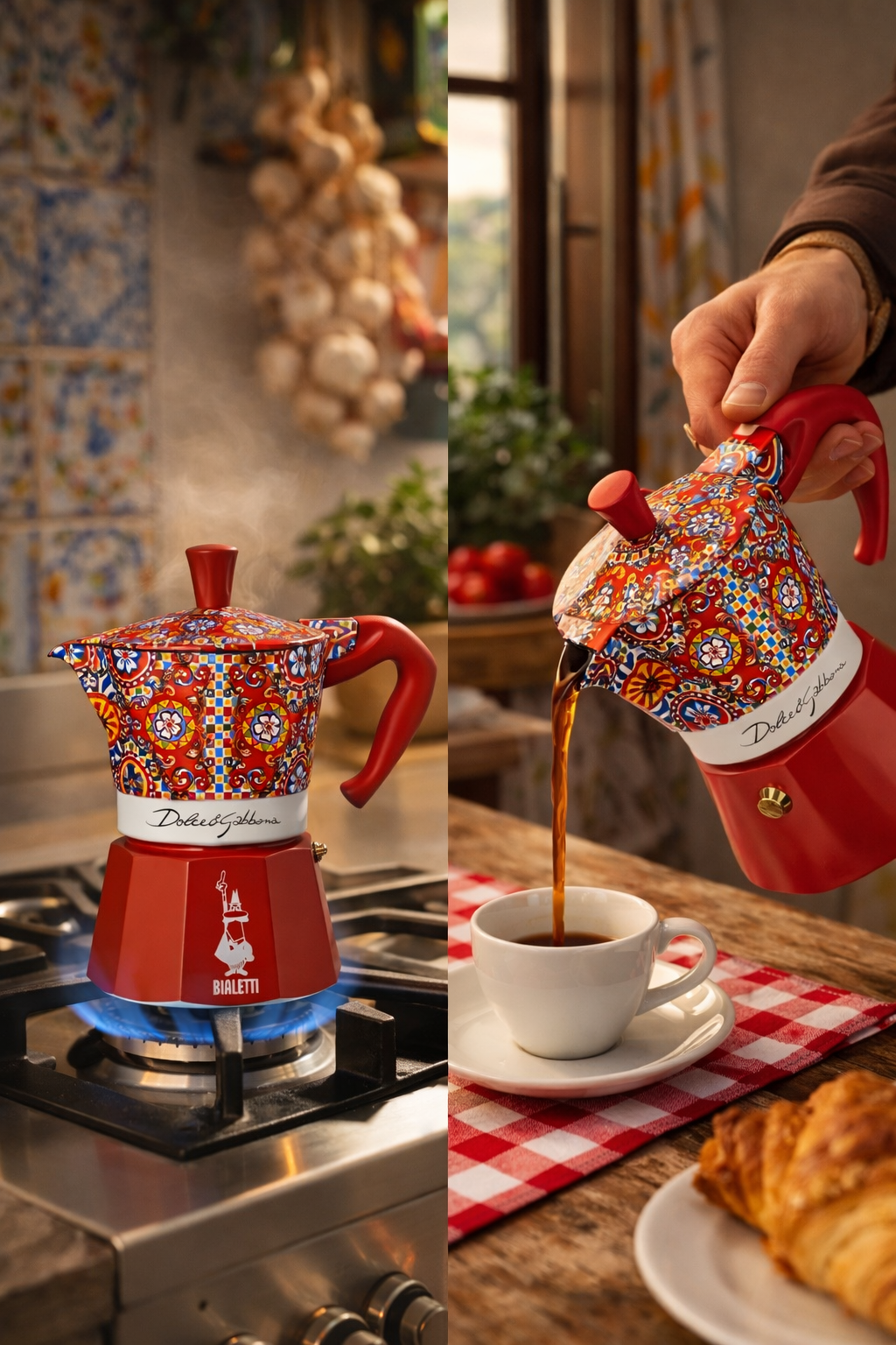 Bialetti Dolce Gabbana Espressokocher rot auf Herd Espresso zubereiten Italien Stil