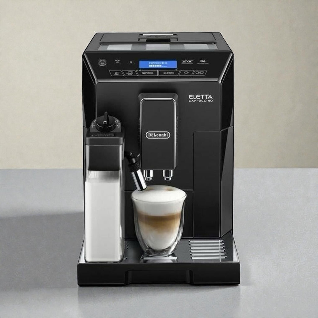 DeLonghi Eletta Cappuccino Kaffeevollautomat mit Milchsystem bereitet cremigen Latte Macchiato in Glas, moderner Kaffeeautomat für Zuhause