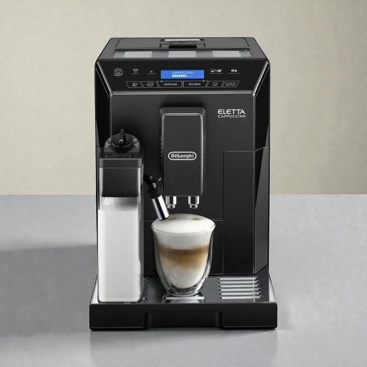 DeLonghi Eletta Cappuccino Kaffeevollautomat mit Milchsystem bereitet cremigen Latte Macchiato in Glas, moderner Kaffeeautomat für Zuhause