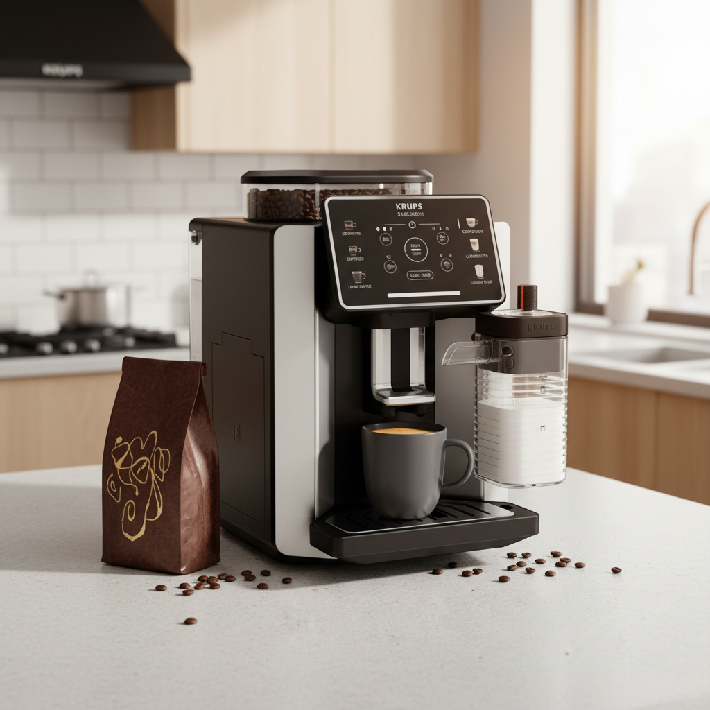 Krups Kaffeevollautomat mit Bohnenbehälter und Milchaufschäumer in moderner Küche, bereitet frischen Kaffee in Tasse zu