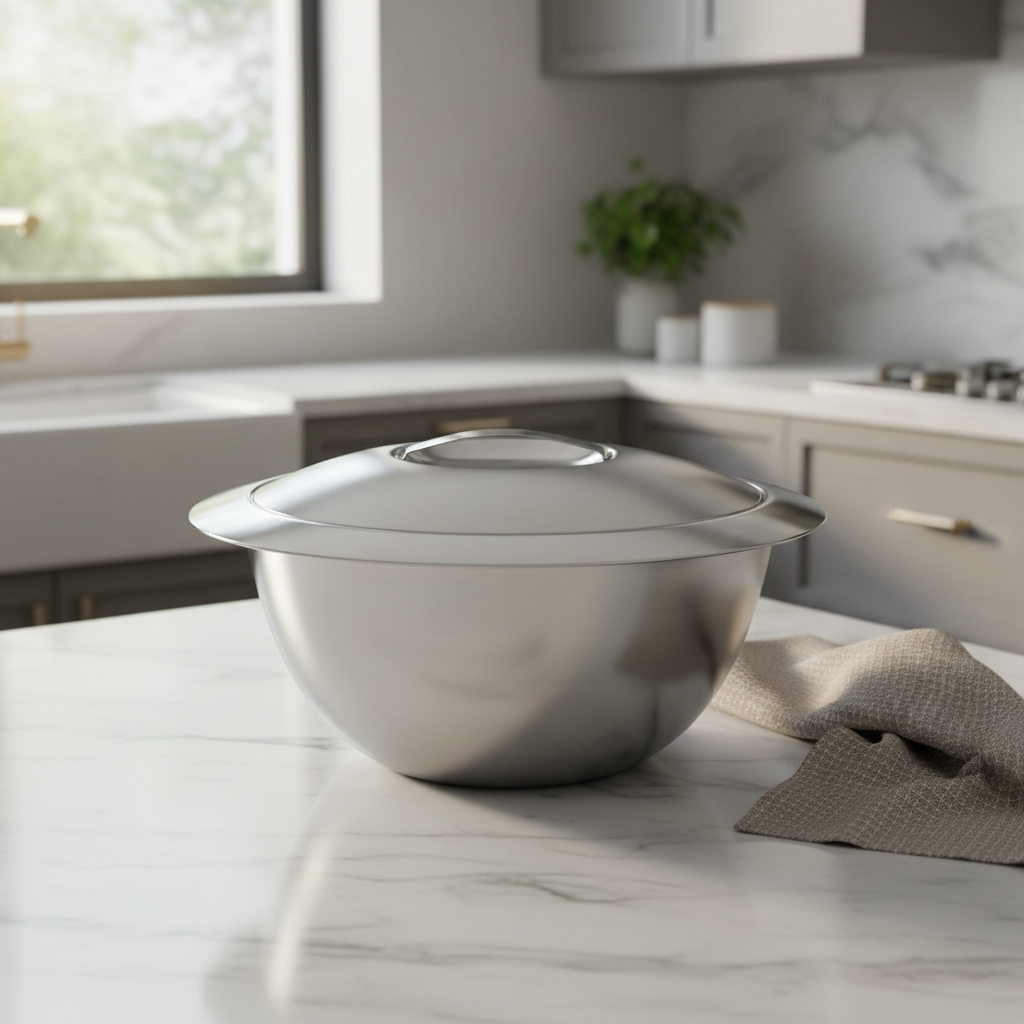 Design Edelstahl Schüssel mit Deckel auf Marmorarbeitsplatte – elegante Küche