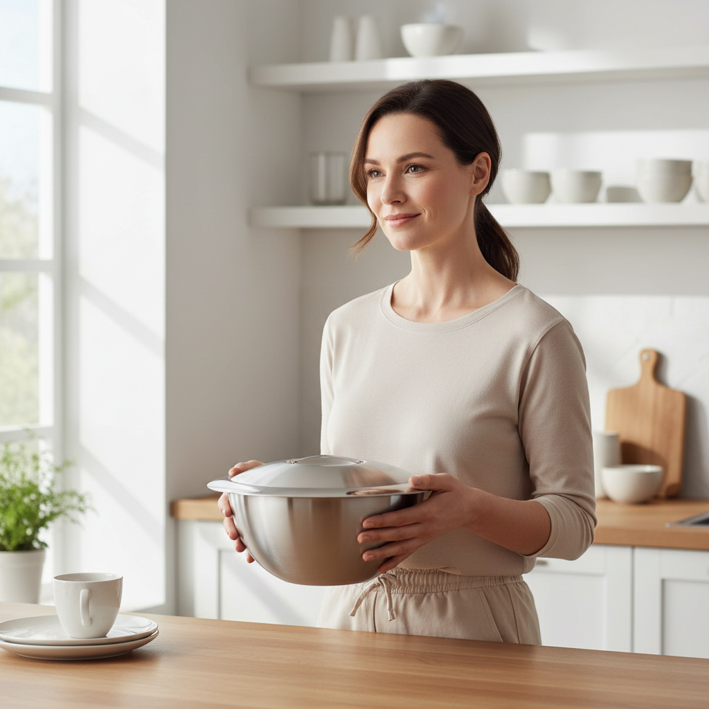 Frau hält Edelstahl Schüssel mit Deckel in moderner heller Küche