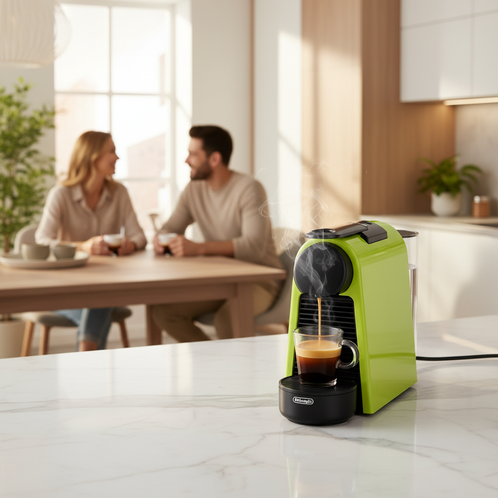 Grüne Kapsel-Kaffeemaschine bereitet heißen Espresso in moderner Küche zu, Paar genießt Kaffee im Hintergrund – praktische Kaffeemaschine für Zuhause