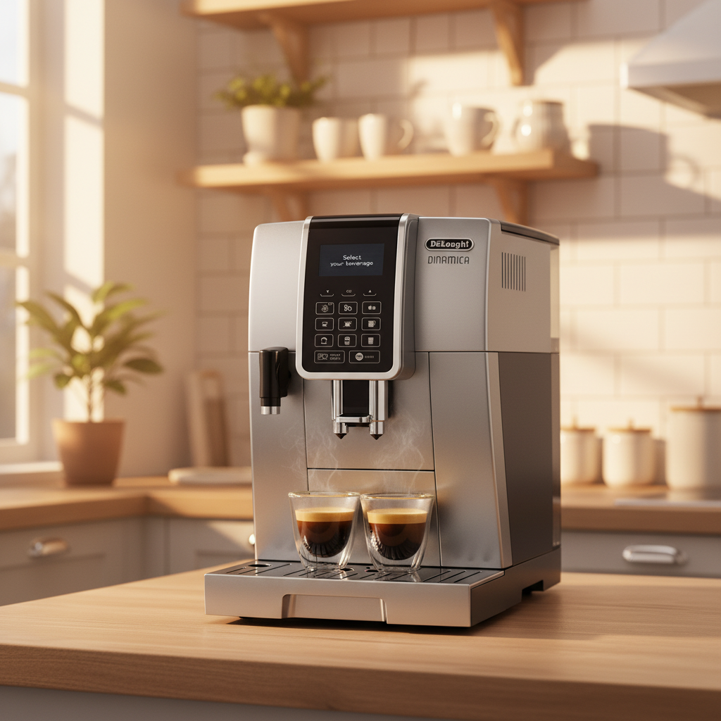 Espressor automat DeLonghi Dinamica din inox preparând două espresso fierbinți pe un blat de bucătărie modern, iluminat natural.