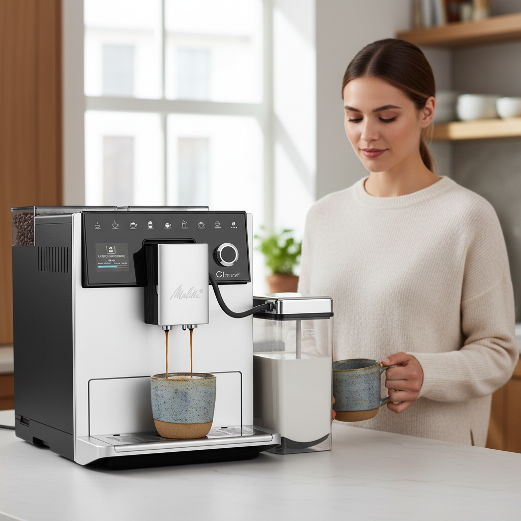 Moderne Kaffeevollautomat mit Milchsystem bereitet frischen Kaffee in der Küche zu – stilvolle Kaffeemaschine für Zuhause mit Latte-Funktion
