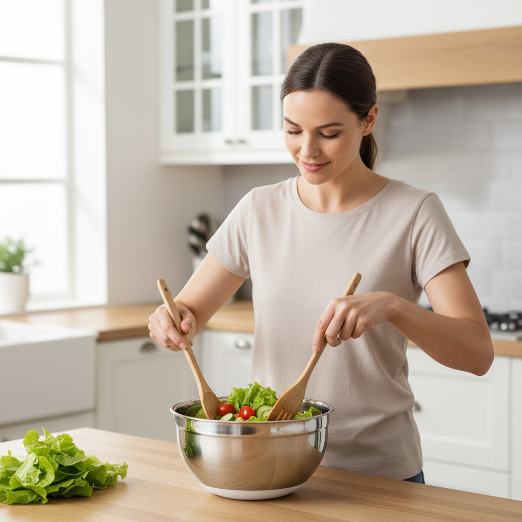 Edelstahl Rührschüssel mit frischem Salat – moderne Frau bereitet gesunde Mahlzeit in heller Küche zu