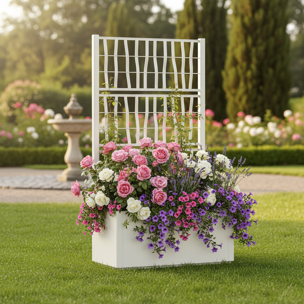 Weißer Pflanzkasten mit Rankgitter im Garten, gefüllt mit rosa Rosen, weißen Blüten und violetten Petunien, stilvolle Outdoor-Dekoration für Terrasse und Garten