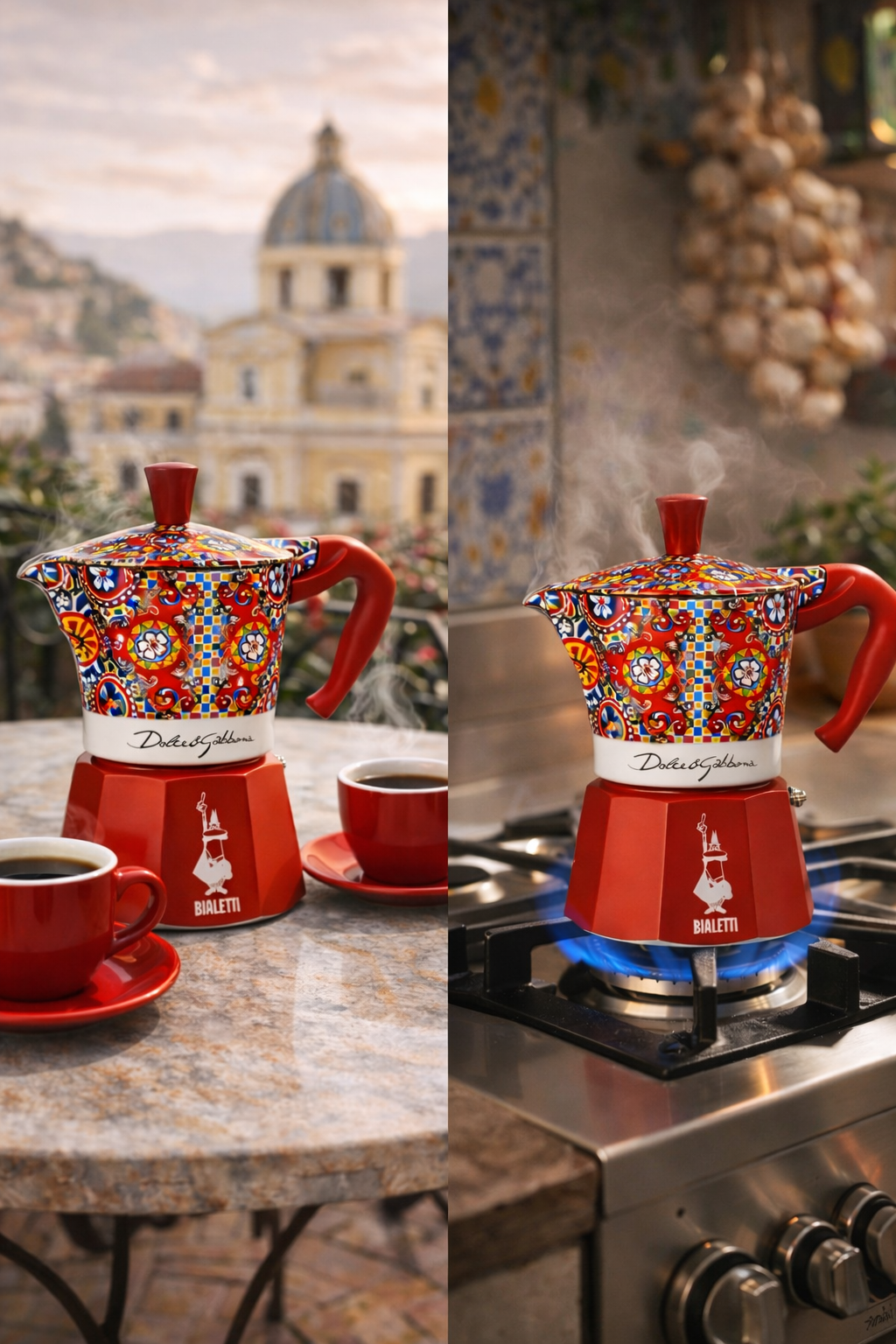 Bialetti Mokkakanne Dolce Gabbana rot auf Induktionsherd Kaffee kochen