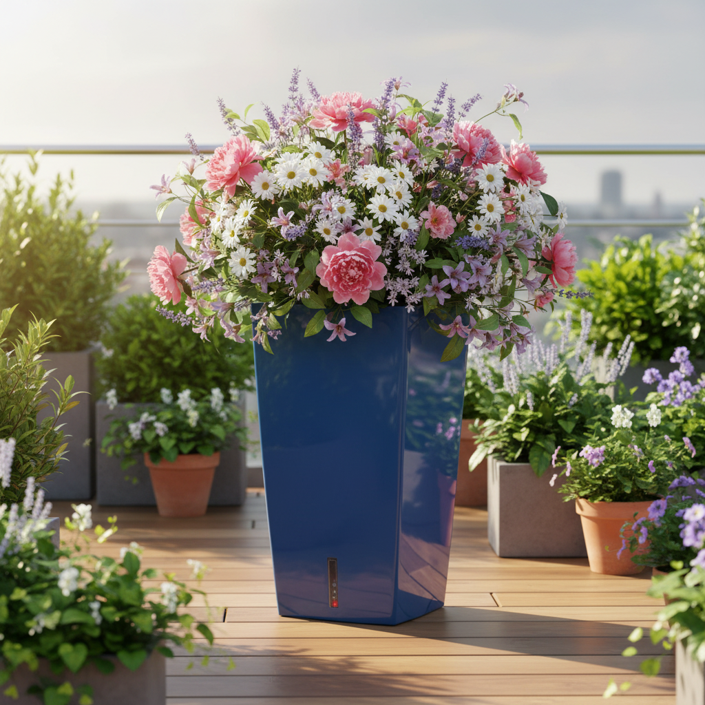 Blumentopf blau mit Blumen auf Terrasse moderner Pflanzkübel für Balkon und Garten
