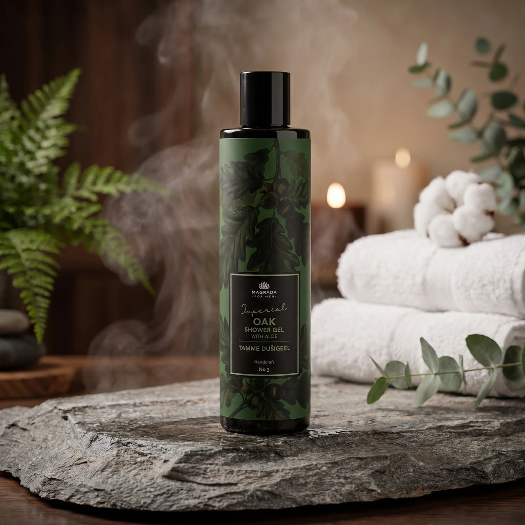 Eichen-Shampoo „Imperial“ für Herren – 250 ml | Erstelle ein luxuriöses, fotorealistisches Wellness-Produktbild im quadratischen Format 1:1 mit einer Ausgabegröße von 2048 × 2048 Pixel.