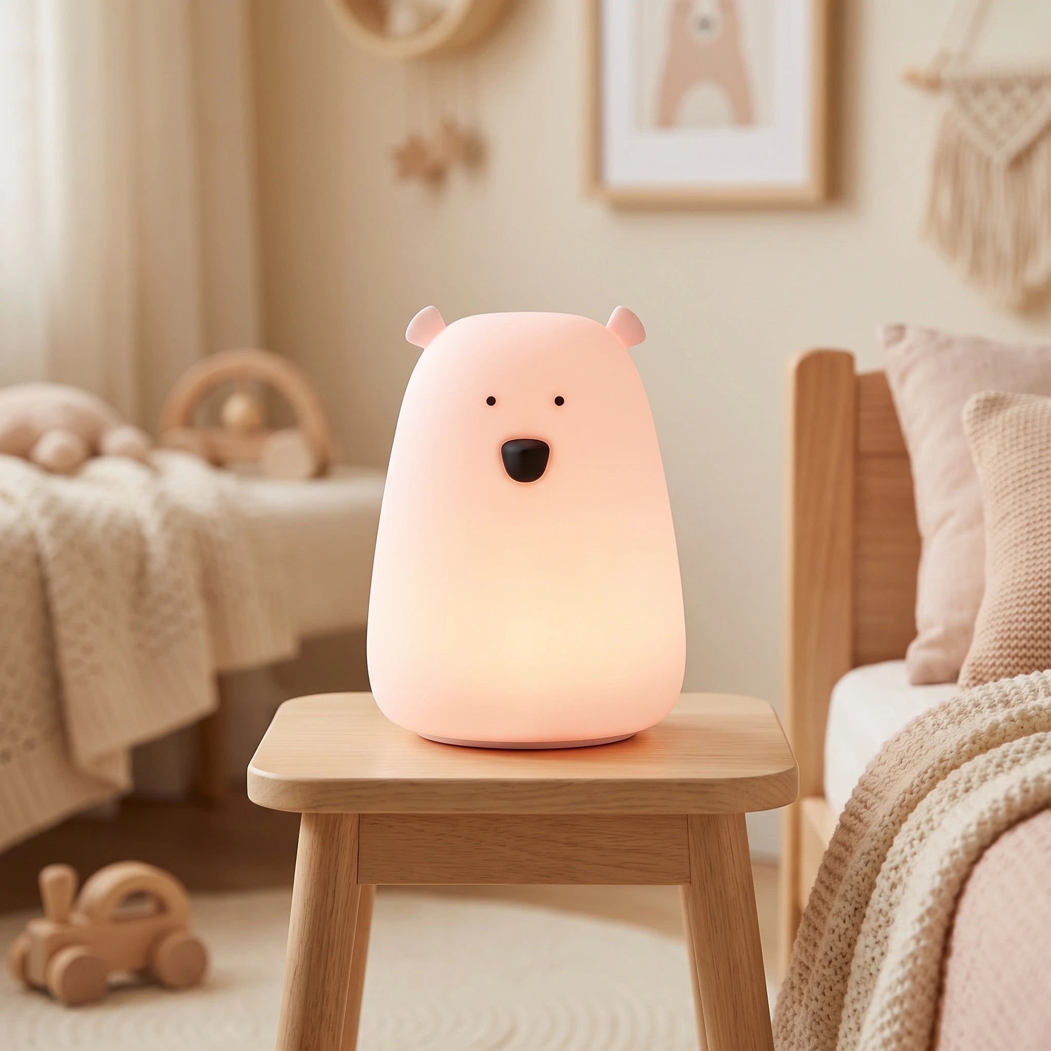 Große Bären-Nachtlampe aus Silikon – Rosa | Erstelle ein hochwertiges, fotorealistisches Hauptbild für einen Premium-Onlineshop im quadratischen Format 1:1 und in 2048 × 2048 Pixel.