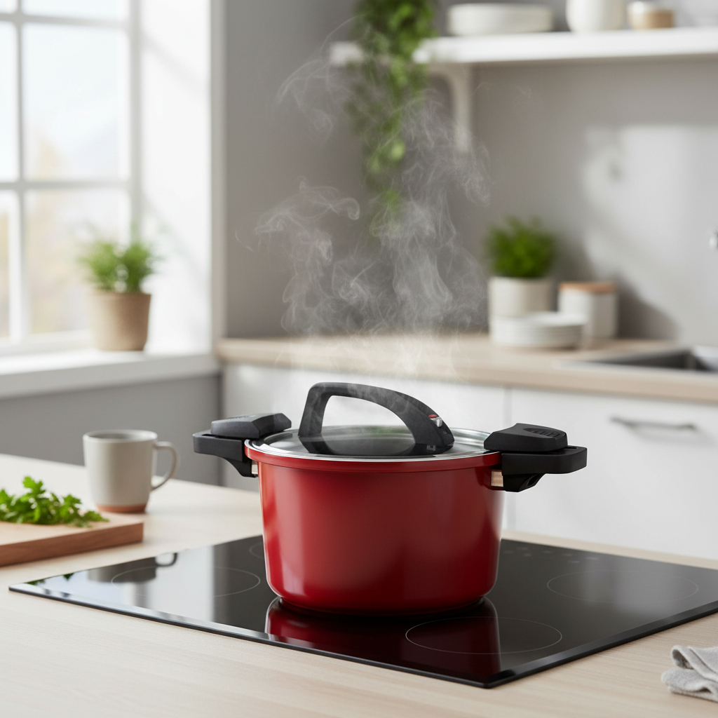 Roter Induktionstopf mit Glasdeckel auf Kochfeld – langlebiger Kochtopf für energieeffizientes Kochen