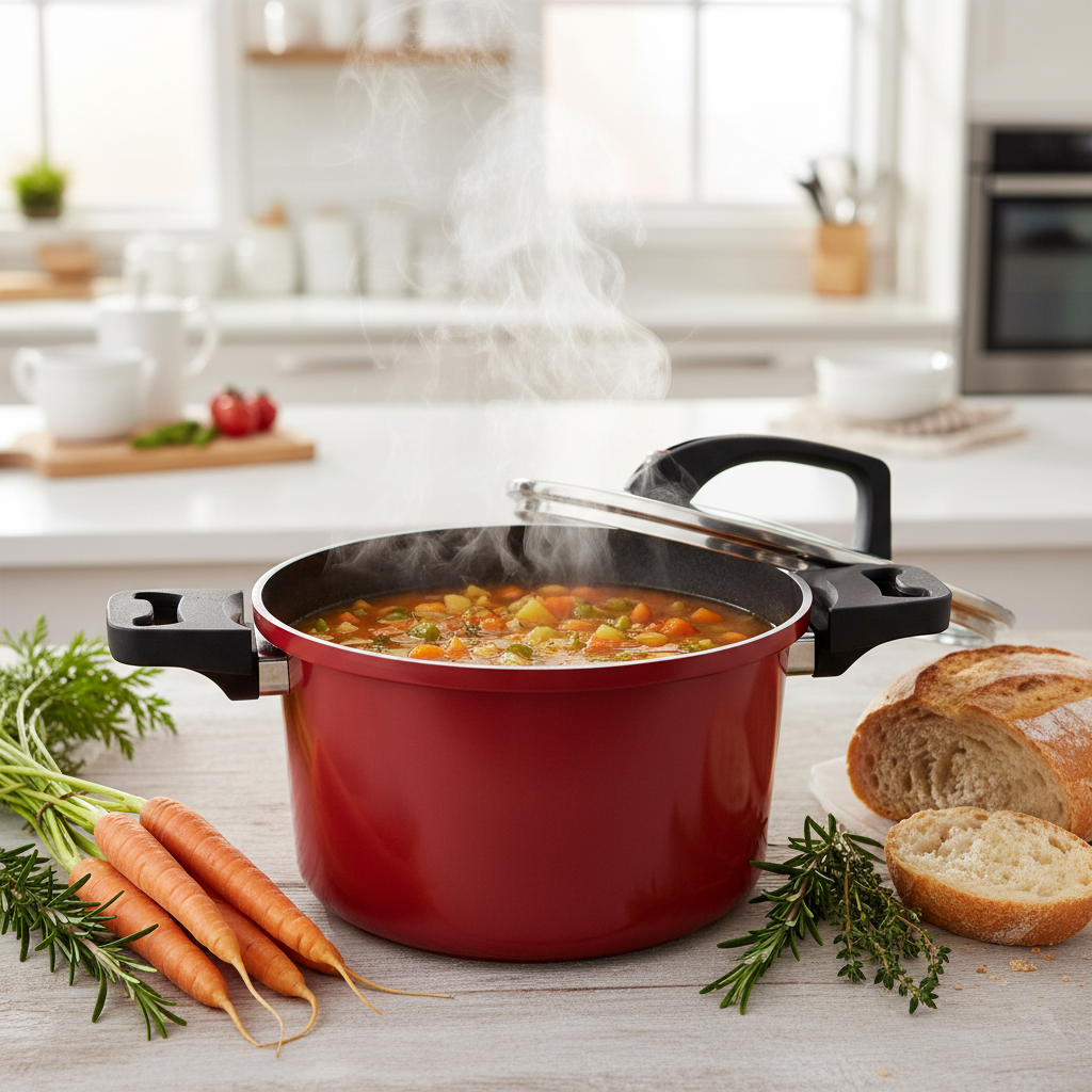 Roter Kochtopf mit Glasdeckel beim Kochen von Suppe in moderner Küche – ideal für tägliches Kochen
