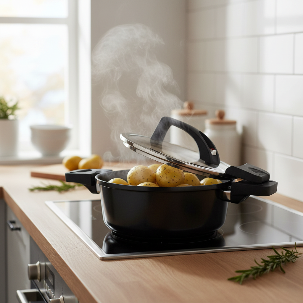Schwarzer Kochtopf mit Glasdeckel auf Kochfeld, dampfender Topf ideal für Kartoffeln, Suppen und Eintöpfe