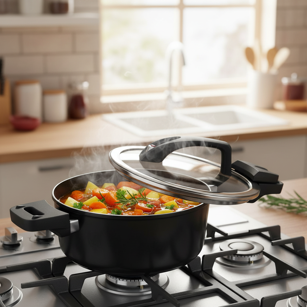 Schwarzer Kochtopf mit Deckel auf Gasherd beim Kochen von Gemüse, langlebiger Topf für tägliche Nutzung