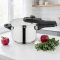 Edelstahl Schnellkochtopf mit Sicherheitsdeckel und ergonomischem Griff – moderner Druckkochtopf für schnelles und gesundes Kochen in der Küche