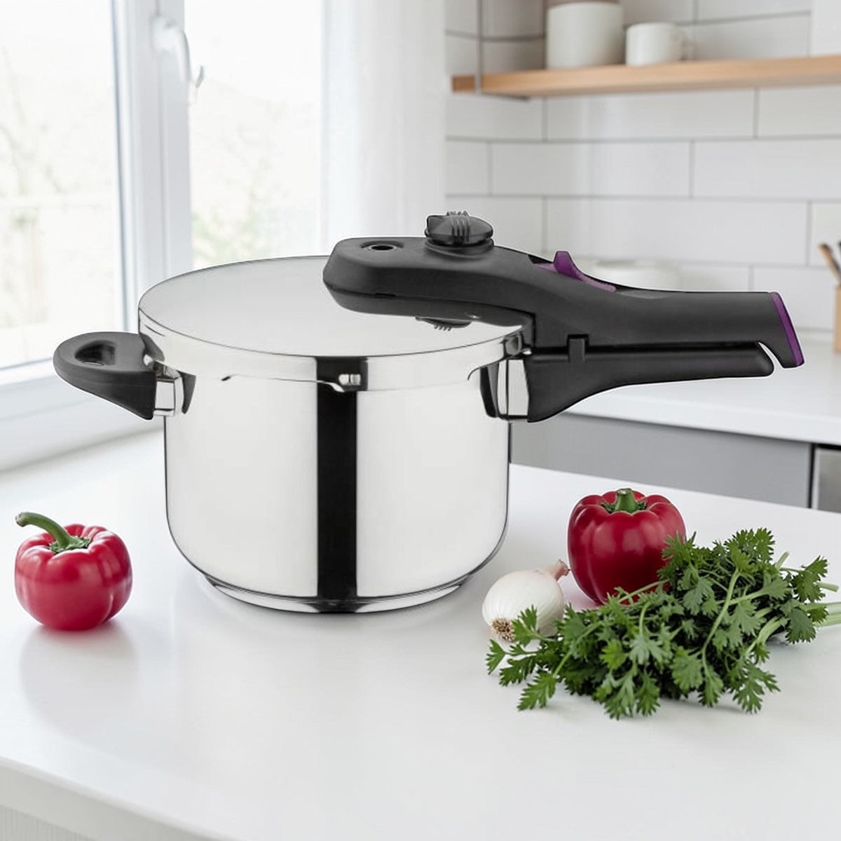 Edelstahl Schnellkochtopf mit Sicherheitsdeckel und ergonomischem Griff – moderner Druckkochtopf für schnelles und gesundes Kochen in der Küche