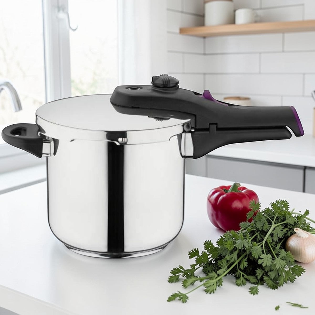 Edelstahl Schnellkochtopf mit Sicherheitsdeckel und ergonomischem Griff in moderner Küche – hochwertiger Druckkochtopf für schnelles und energiesparendes Kochen