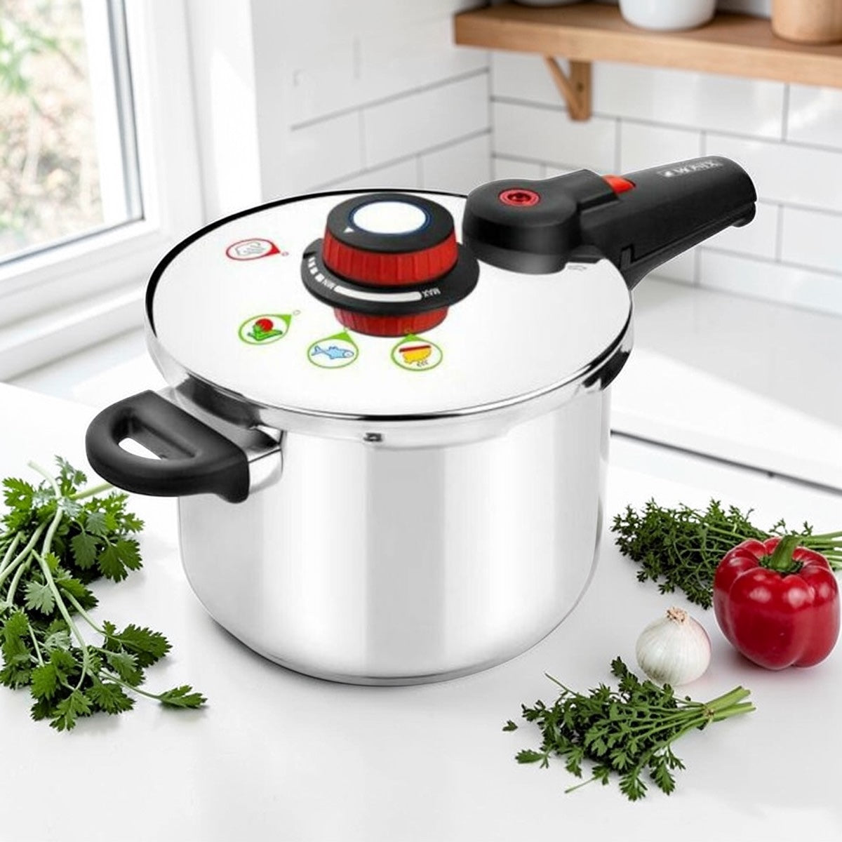 Moderner Edelstahl Schnellkochtopf mit Sicherheitsdeckel und Druckregler – hochwertiger Druckkochtopf für schnelles Kochen