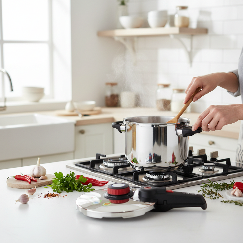 Edelstahl Schnellkochtopf beim Kochen auf dem Herd – moderner Druckkochtopf für schnelles und energiesparendes Kochen in der Küche