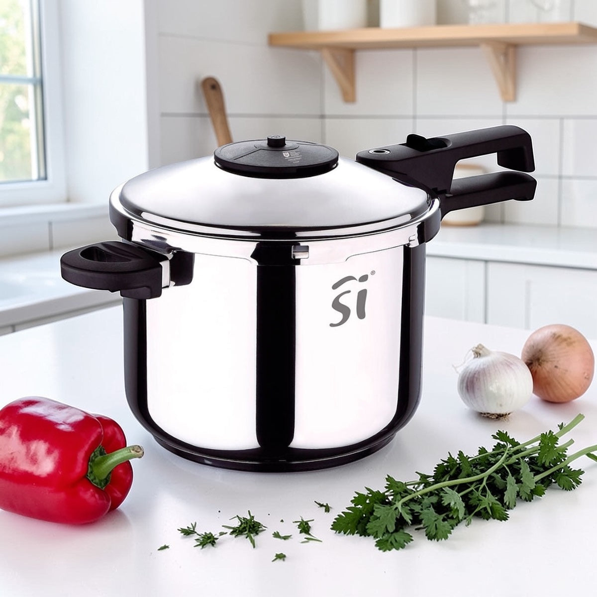 Edelstahl Schnellkochtopf mit Sicherheitsdeckel in moderner Küche – hochwertiger Druckkochtopf für schnelles und energiesparendes Kochen