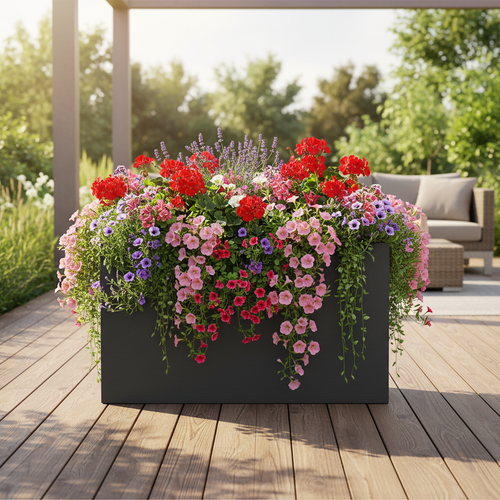 Großer moderner Blumenkasten mit bunten Gartenblumen auf der Terrasse – dekorativer Pflanzkasten für Balkon und Garten