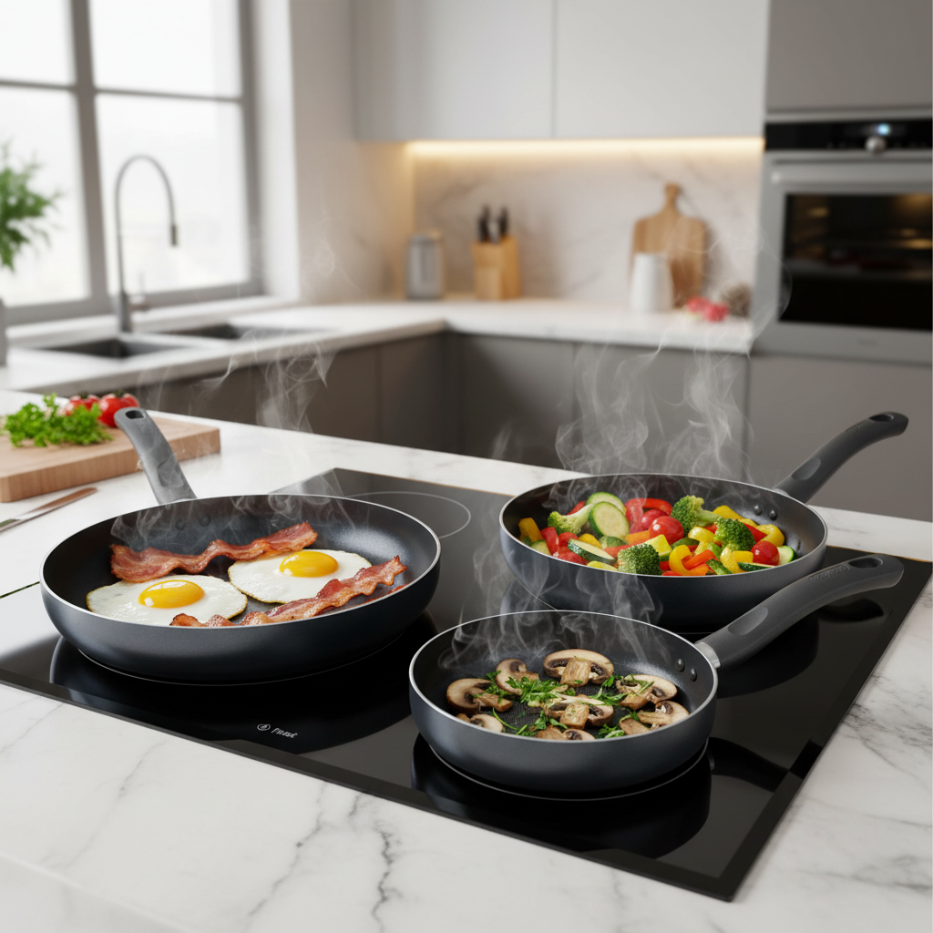 Tefal EASY COOK Pfannenset mit drei Bratpfannen auf Induktionskochfeld beim Kochen von Eiern, Gemüse und Pilzen in moderner Küche
