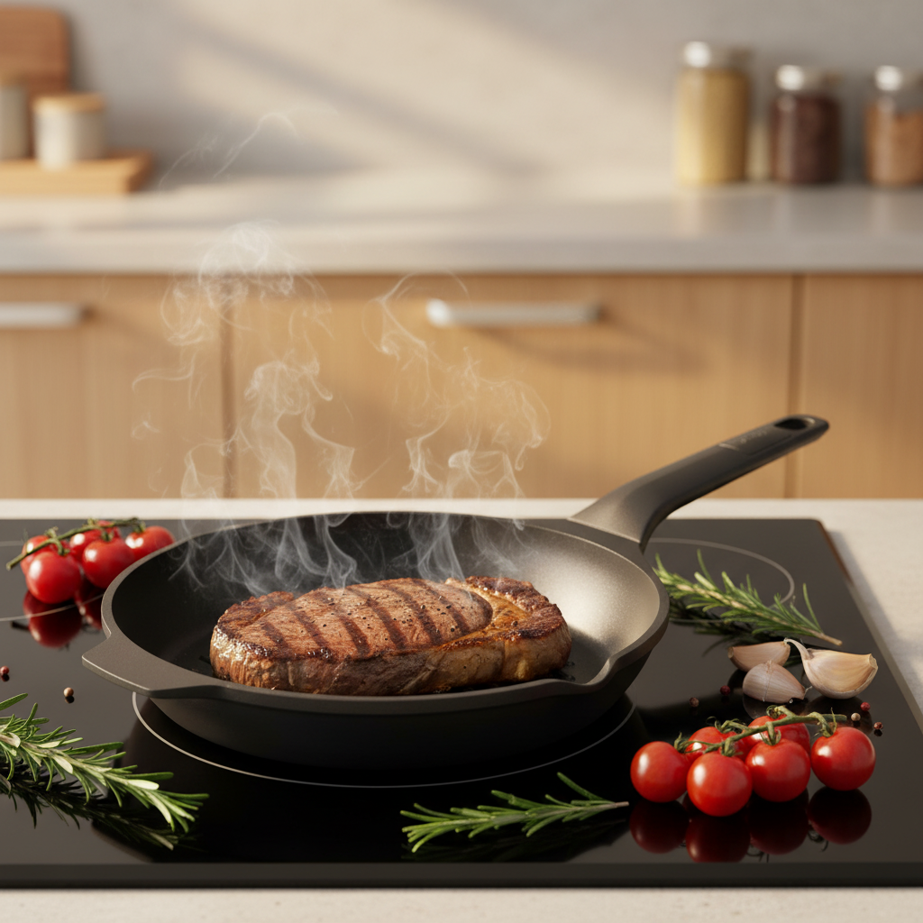 Saftiges Steak wird in Tefal Grillpfanne mit Antihaftbeschichtung auf modernem Induktionskochfeld gebraten