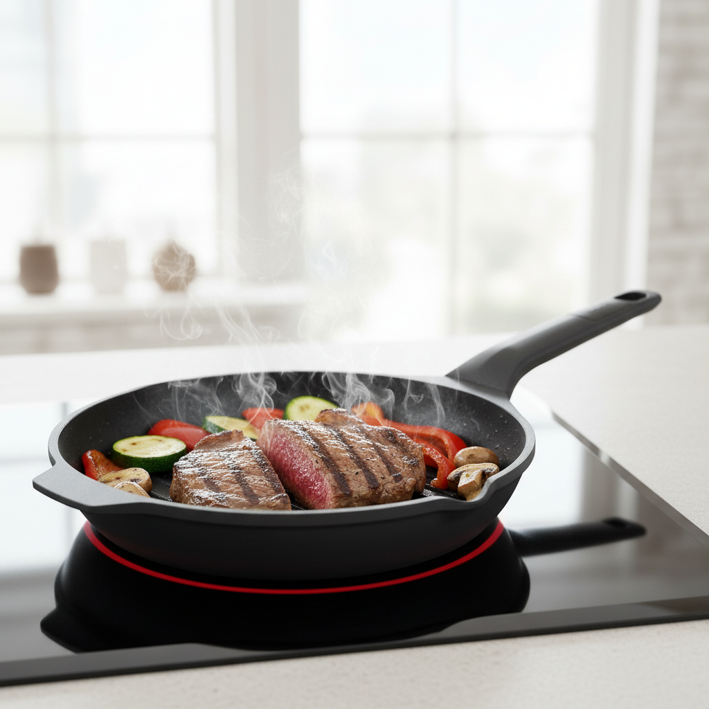 Tefal Grillpfanne für Induktion mit gegrilltem Steak und frischem Gemüse auf Induktionsherd