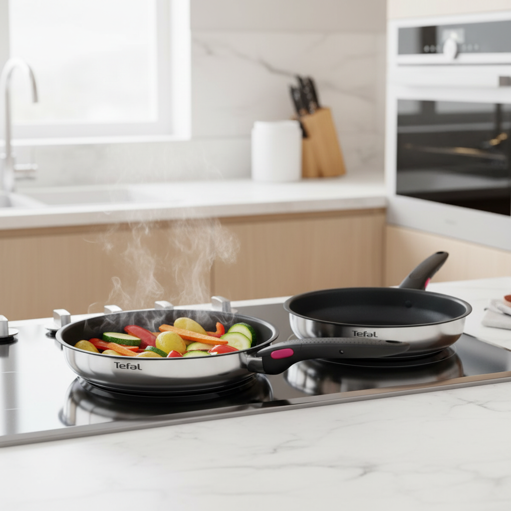 Tefal Bratpfannen Set auf Herd mit gebratenen Kartoffeln und Gemüse in heller moderner Küche