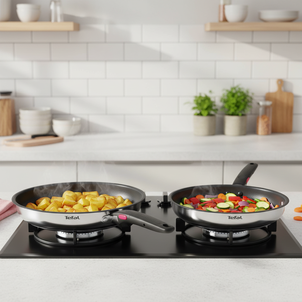 Tefal Antihaft Pfanne beim Kochen auf Induktionsherd mit frischem Gemüse in moderner Küche