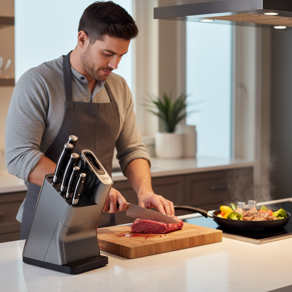 Koch bereitet Fleisch mit scharfem Küchenmesser aus einem hochwertigen Messerblock Set in moderner Küche zu