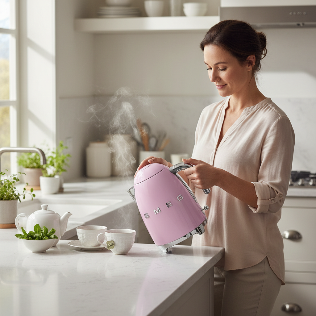 Frau bereitet Tee in moderner Küche mit rosa SMEG Wasserkocher im Retro-Design zu