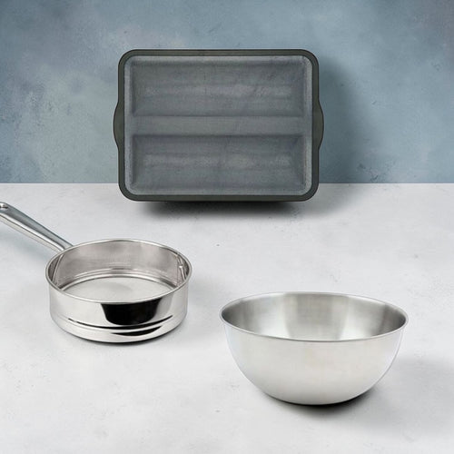 Edelstahl Küchenset mit Topf, Schüssel und Backform – modernes Küchenzubehör für Kochen und Backen