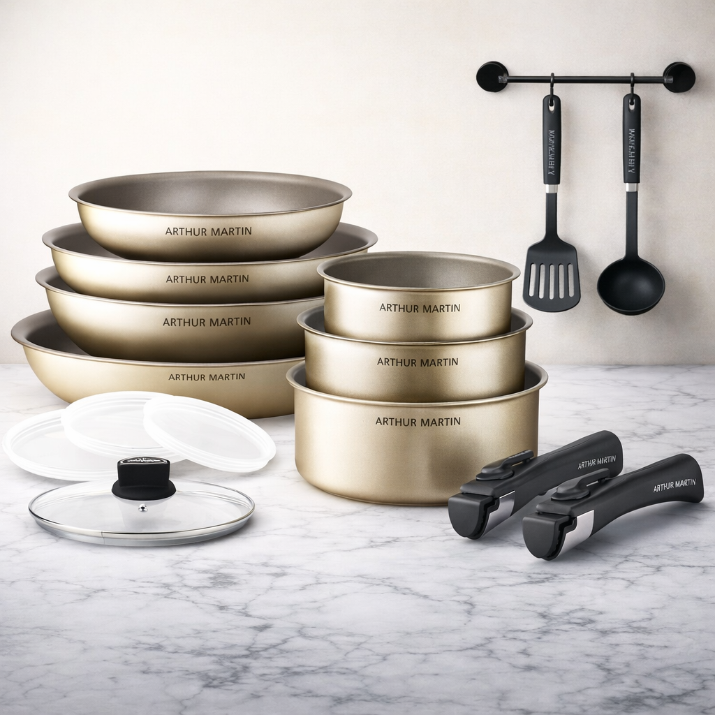 Komplettes Kochgeschirr Set mit Töpfen, Pfannen, Deckeln und Griffen – modernes Küchen Set