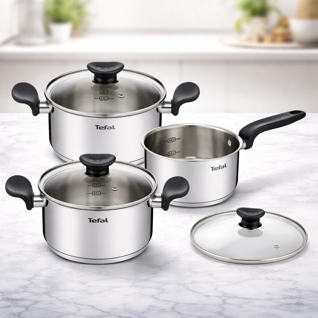 Tefal Edelstahl Topfset mit Glasdeckeln – modernes Kochgeschirr Set für tägliches Kochen
