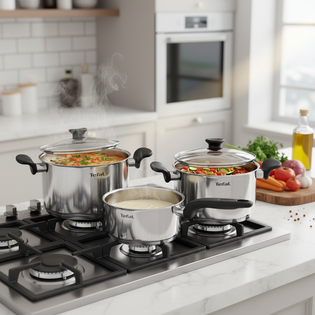 Tefal Edelstahl Kochtopf Set auf Gasherd – hochwertige Töpfe mit Glasdeckel zum Kochen von Suppen und Gemüse