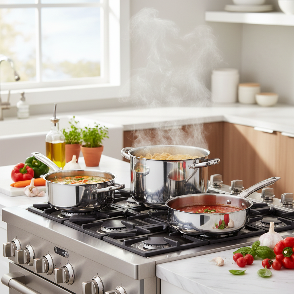 Edelstahl Kochtopf Set auf Gasherd beim Kochen von Pasta und Sauce in moderner Küche