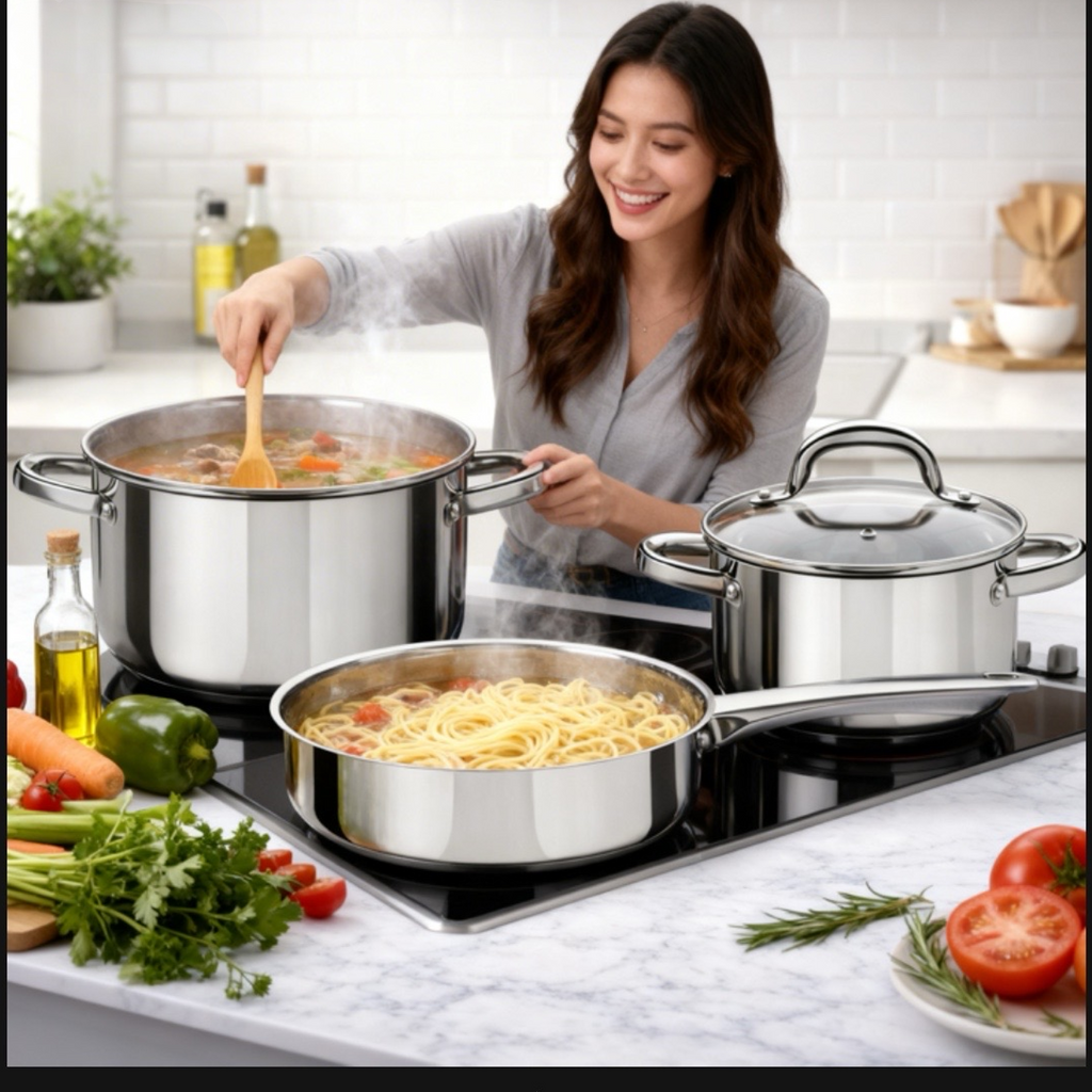 Edelstahl Kochgeschirr Set beim Kochen in moderner Küche – große Kochtöpfe und Pfanne für Pasta und Suppe