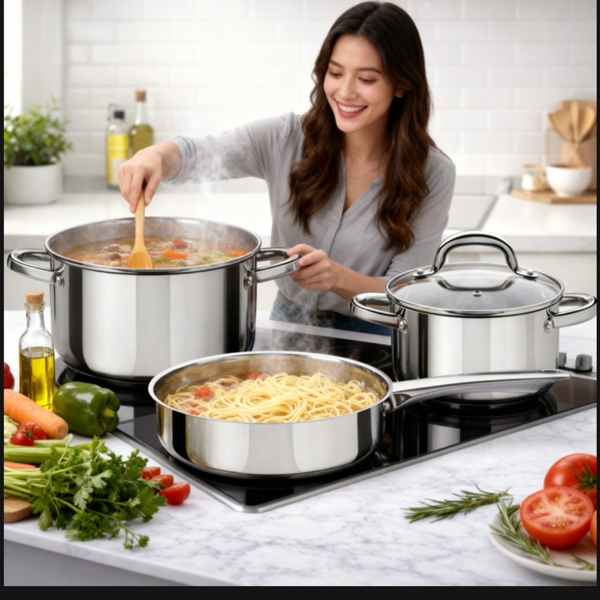 Edelstahl Kochgeschirr Set beim Kochen in moderner Küche – große Kochtöpfe und Pfanne für Pasta und Suppe