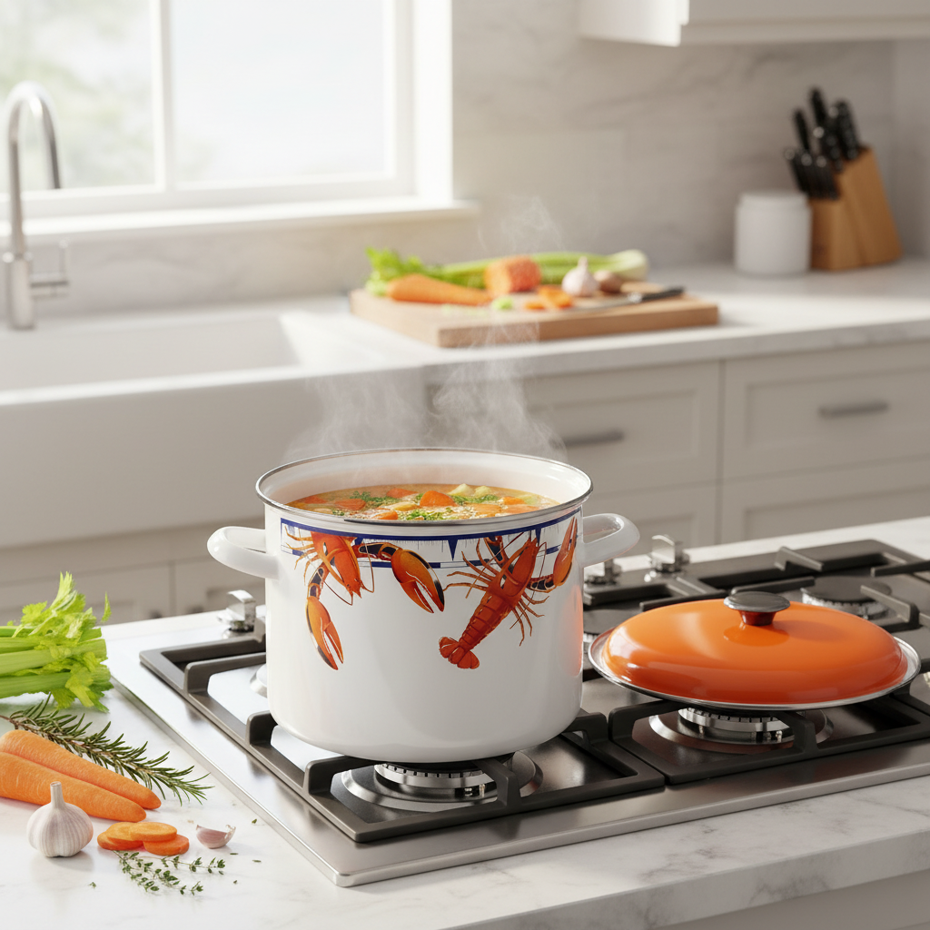 Emaille Suppentopf mit Hummer Design auf Gasherd beim Kochen von Gemüse Suppe