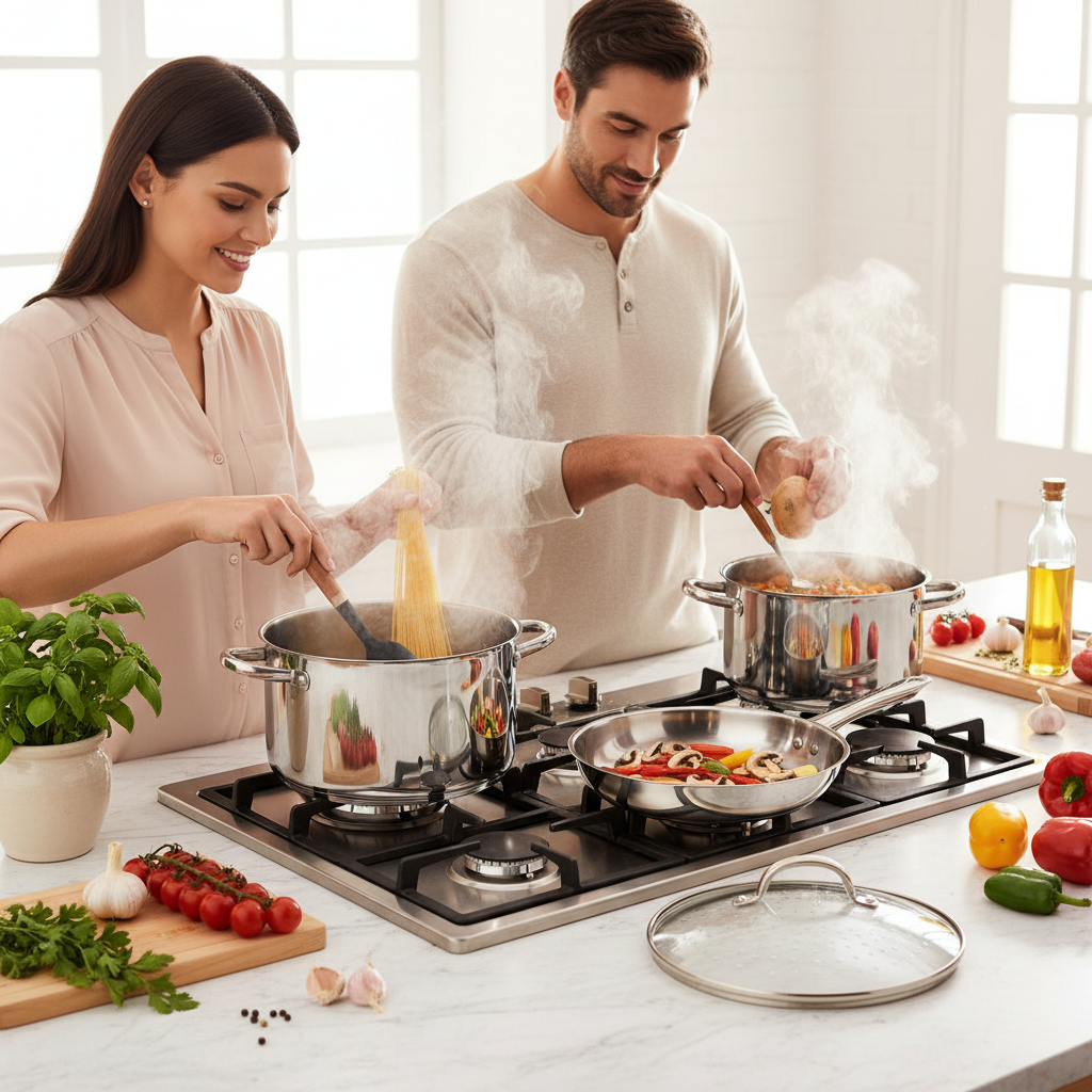 Gemeinsames Kochen mit Edelstahl Kochgeschirr Set in heller Küche