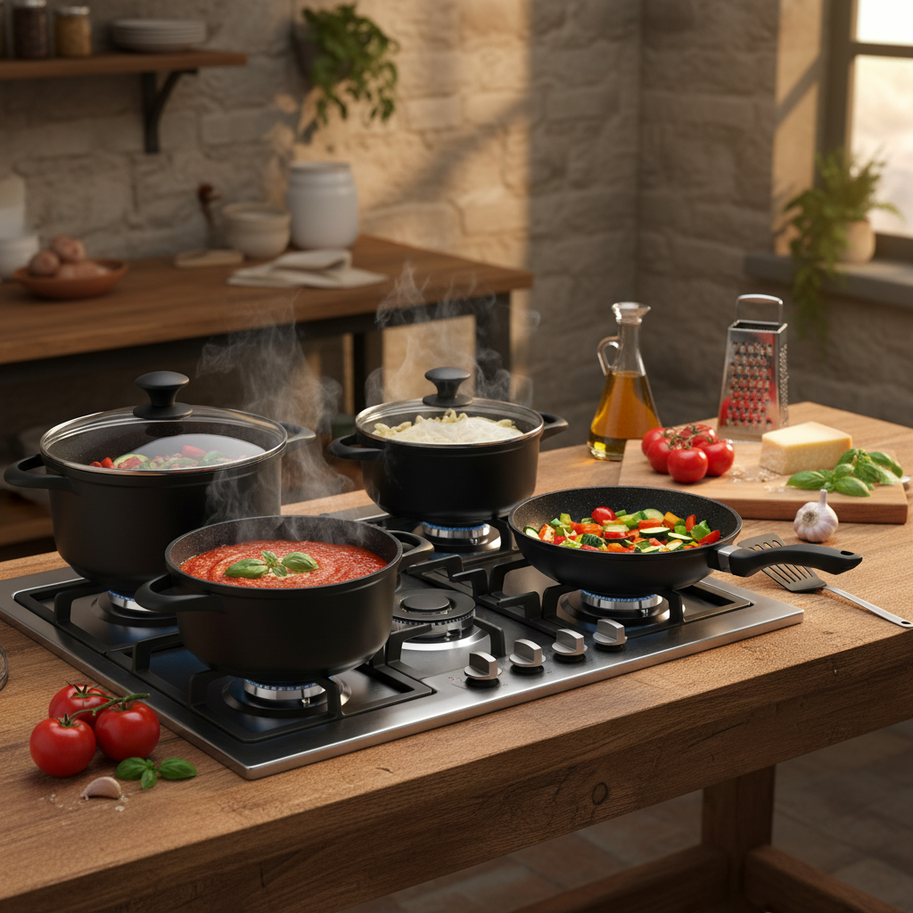 Modernes Kochgeschirr Set mit Töpfen und Pfanne auf Gasherd beim Kochen von Pasta und Gemüse