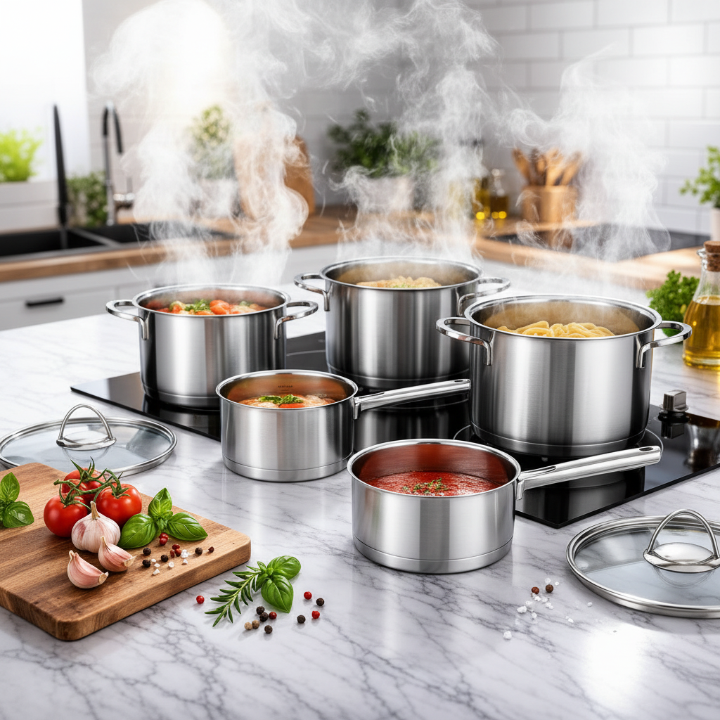 Kochen mit Edelstahl Topfset und Glasdeckeln auf Induktionskochfeld