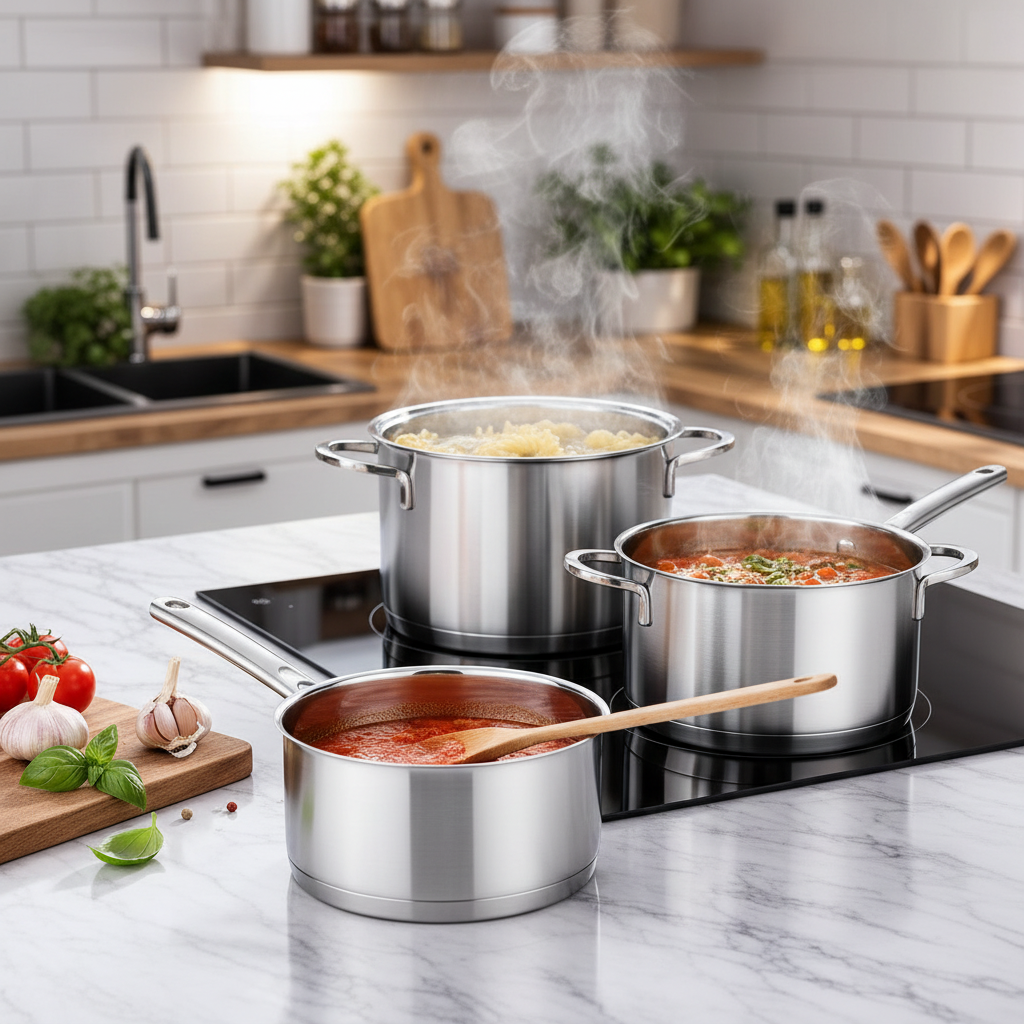 Edelstahl Kochtöpfe und Stielkasserolle auf Induktionskochfeld beim Kochen von Pasta und Tomatensauce