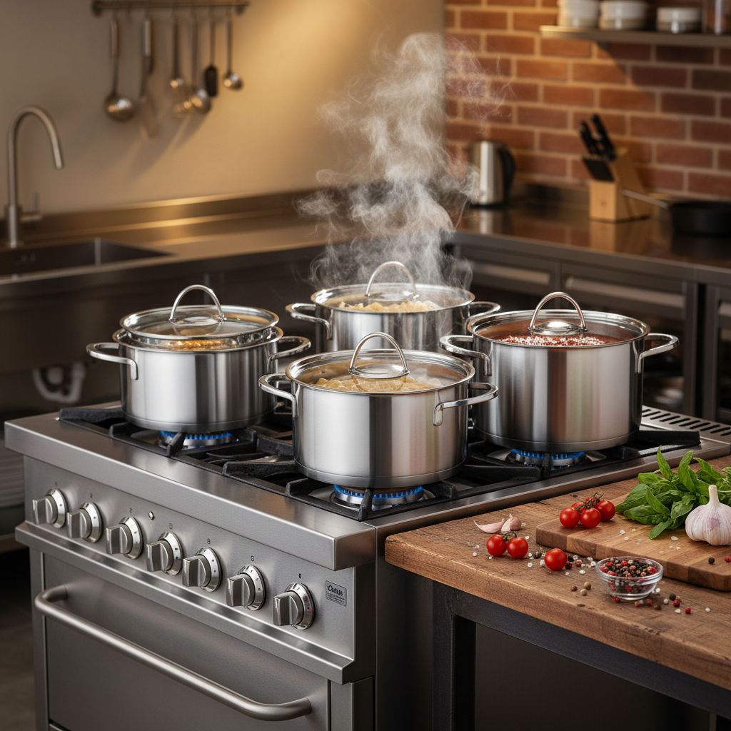 Edelstahl Kochtöpfe auf Gasherd beim Kochen von Pasta und Sauce in moderner Küche
