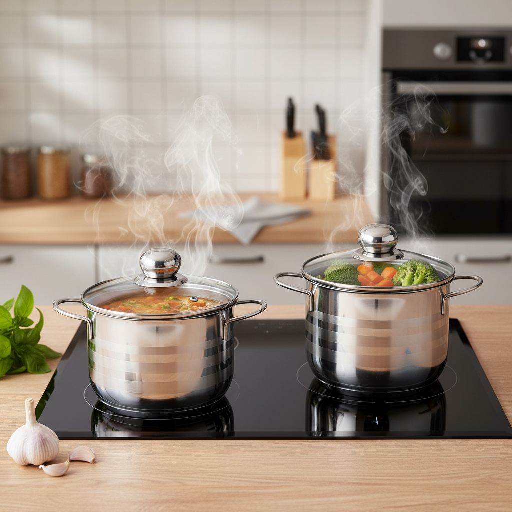 Edelstahl Kochtöpfe auf Induktionskochfeld beim Kochen von Suppe und Gemü