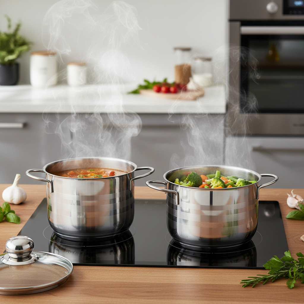 Edelstahl Kochtöpfe ohne Deckel auf Induktionskochfeld mit dampfender Suppe und Gemüse