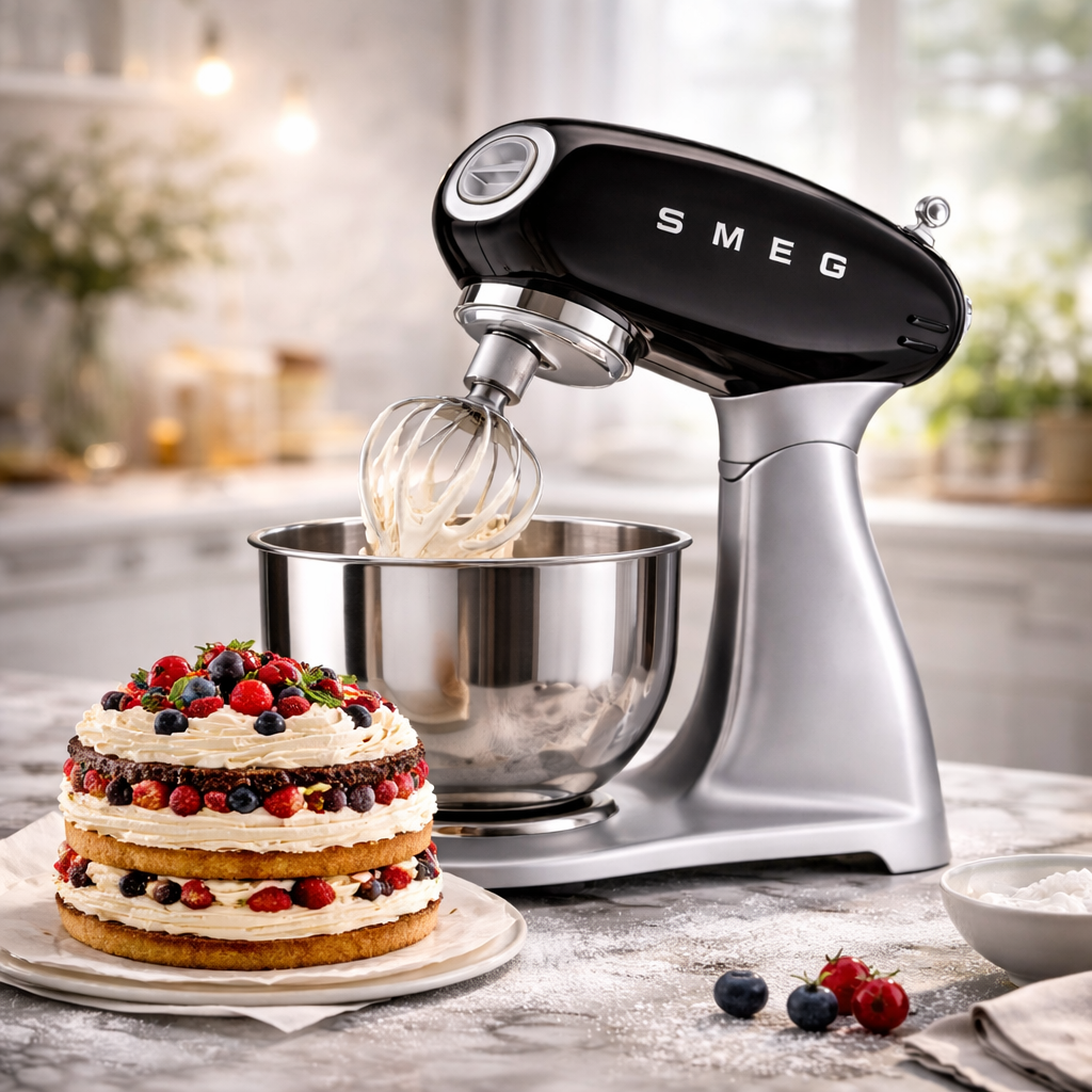 SMEG Küchenmaschine beim Backen mit Sahne und Torte in moderner Küche kaufen online