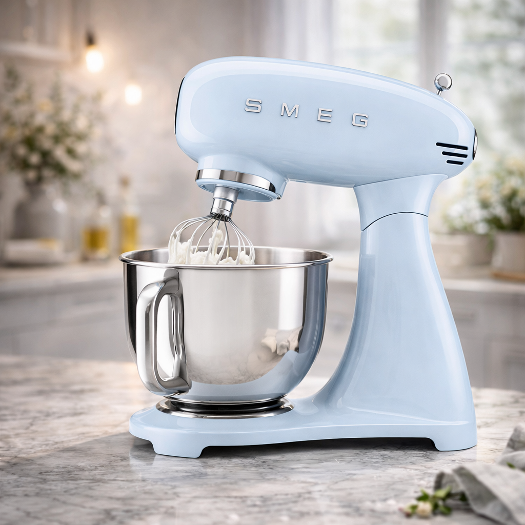 SMEG Küchenmaschine hellblau mit Rührbesen für Sahne und Backen in moderner Küche
